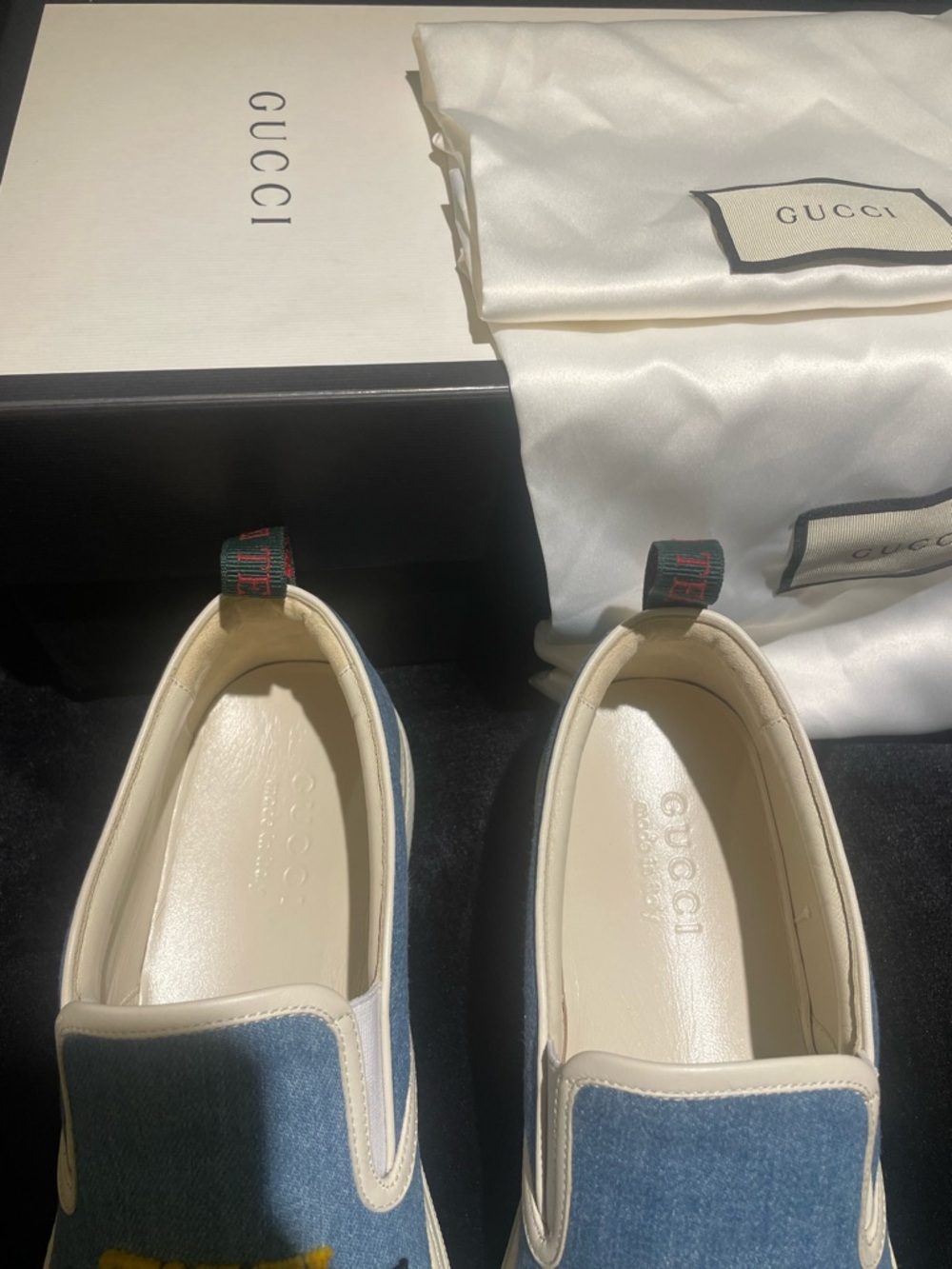 Gucci Blue Denim Slip-On Sneakers with Multicolor Embroidered Logo - Picture 5 of 10
